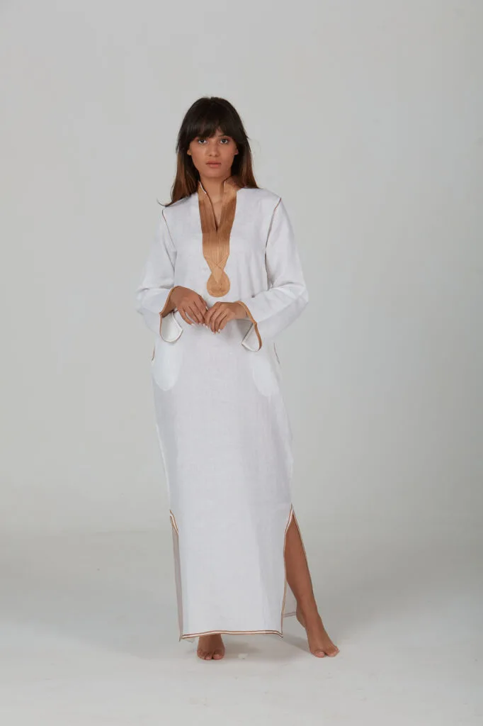 Elegant Moroccan Caftan - Best Caftan for your body type, lightweight white fabric with gold details